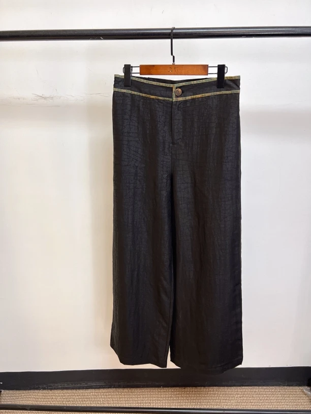 2025春季新款香云纱100桑蚕丝老料龟裂纹新中式阔腿裤