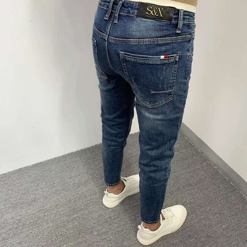 男士牛仔裤春秋新款韩版潮流修身小脚百搭高档蓝色弹力痞帅九分裤