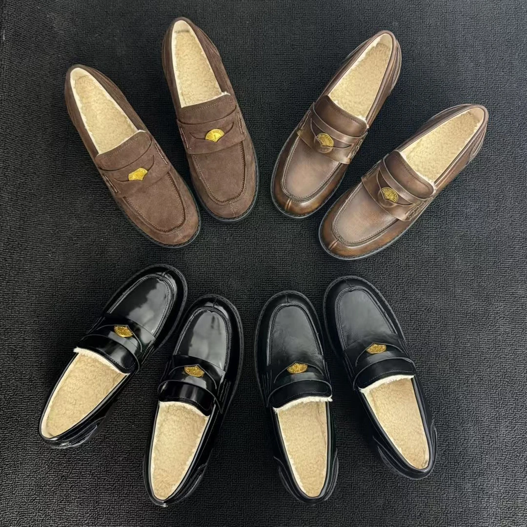 牛皮版~明星同款金币粗跟懒人乐福鞋真皮粗跟厚绒软底单鞋小皮鞋