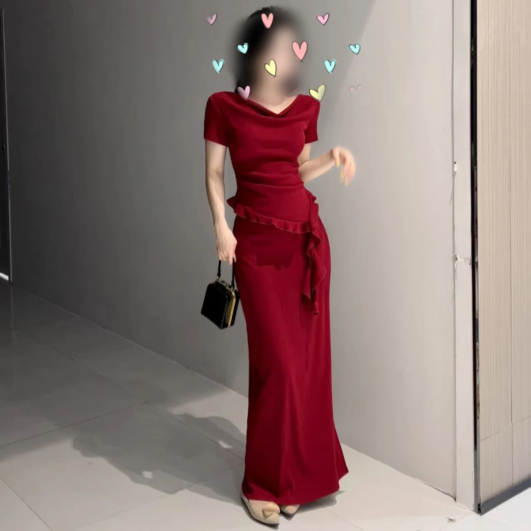 时间套装优雅气质纯色名媛夏季雅丹风显瘦短袖开叉修身洋气法式