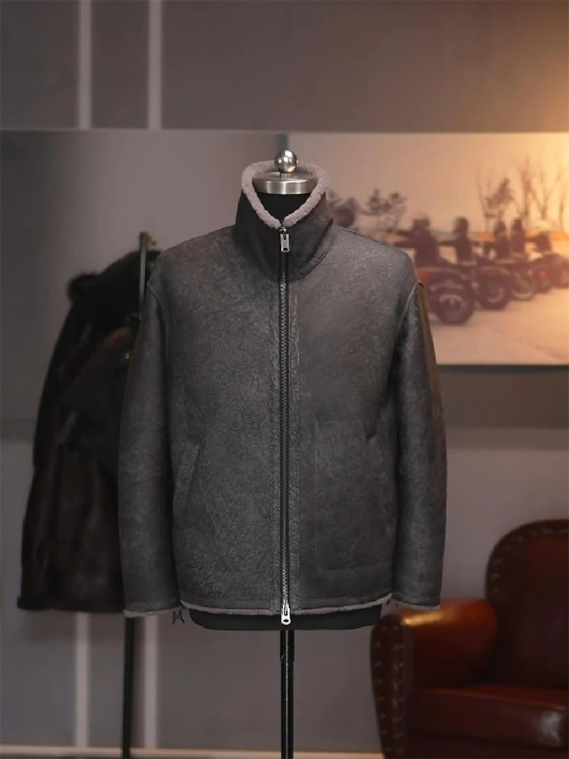 灰23890时尚复古原生态皮毛一体男轻便保暖真皮真毛羊皮夹克外套