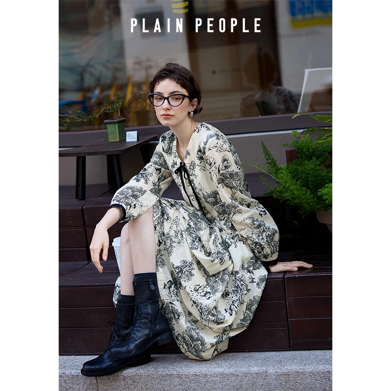 PLAIN PEOPLE新中式国风提花V领系带连衣裙高腰长裙2025春季新款