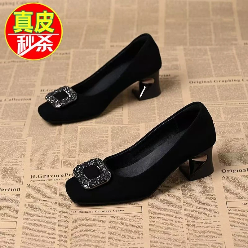 品牌断码黑色方头粗跟水钻浅口高跟单鞋春秋跟鞋尖头韩版百搭时尚