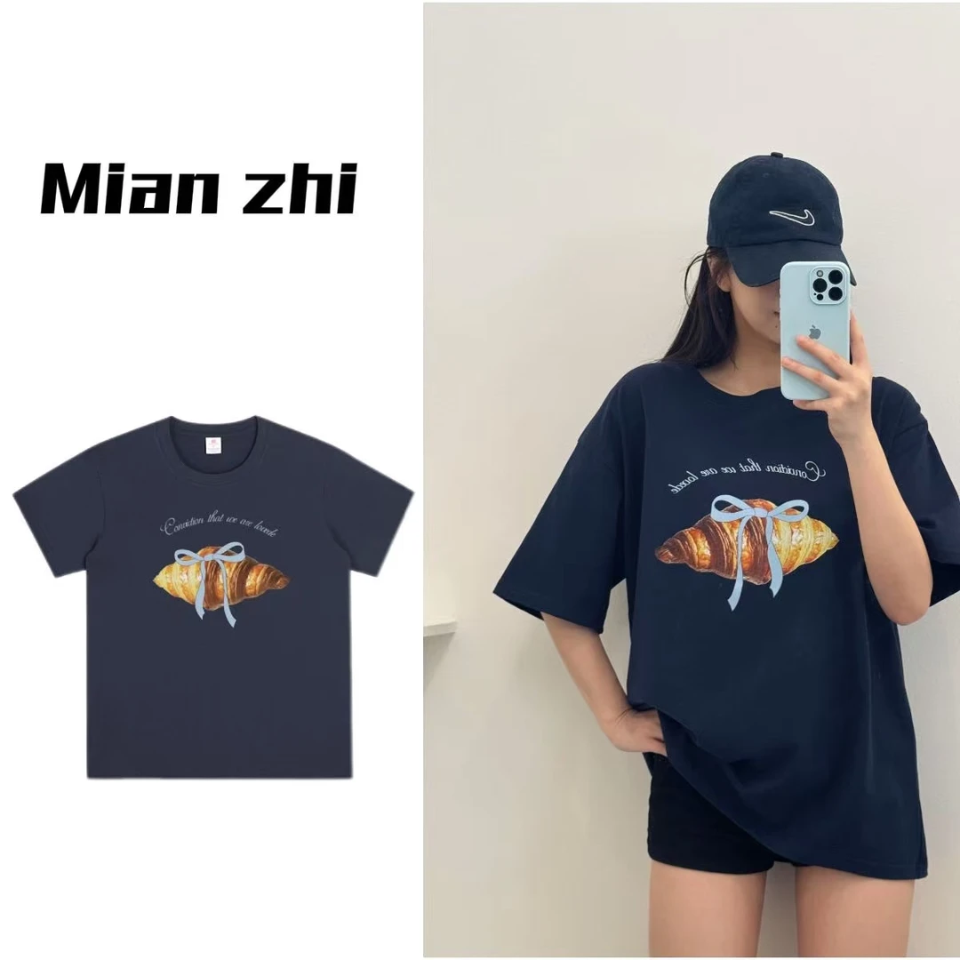 【棉致】夏季女款纯棉T恤圆领韩系ins风牛角包趣味印花宽松半袖T恤