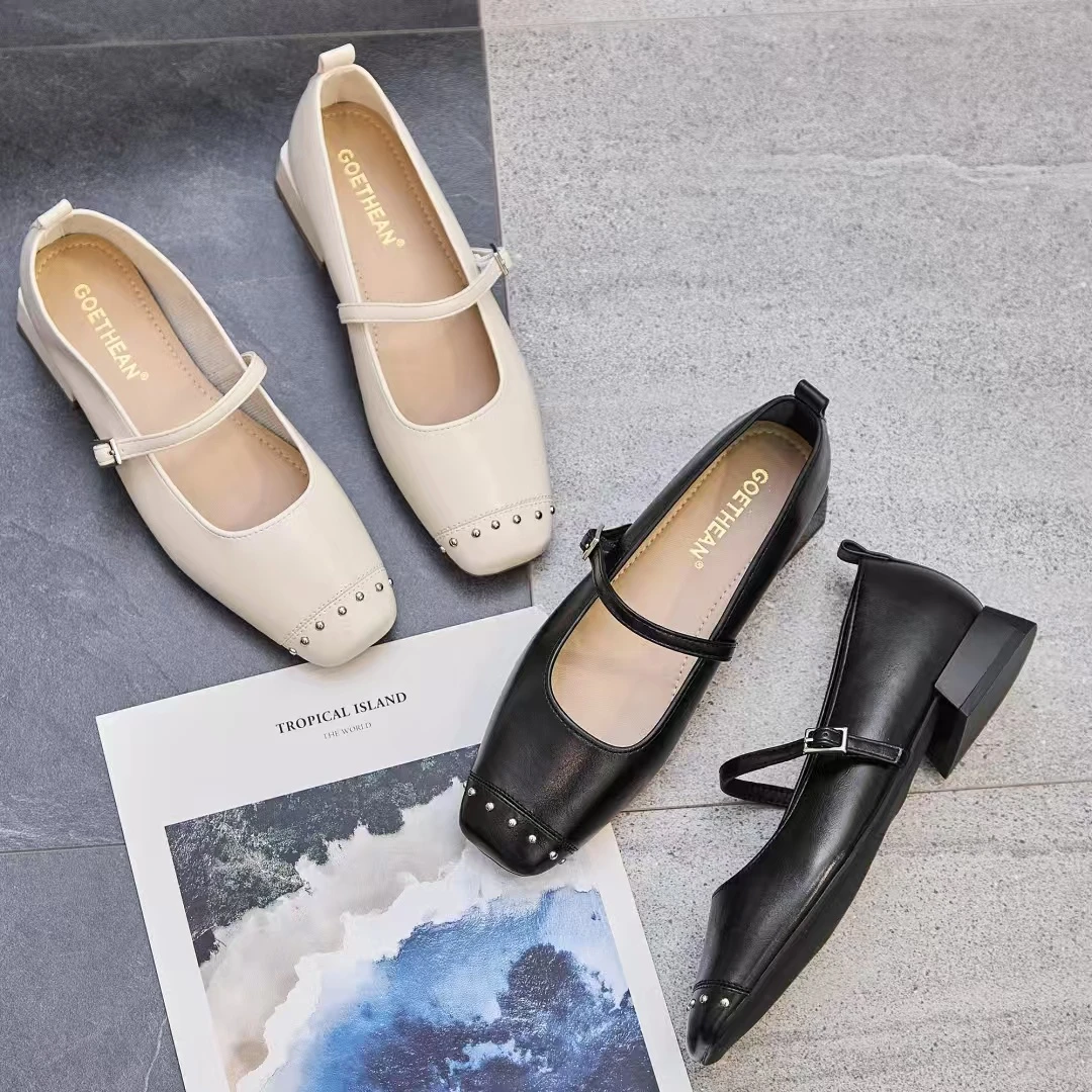 51106舒适时尚百搭真皮玛丽珍粗跟平底方头凉鞋