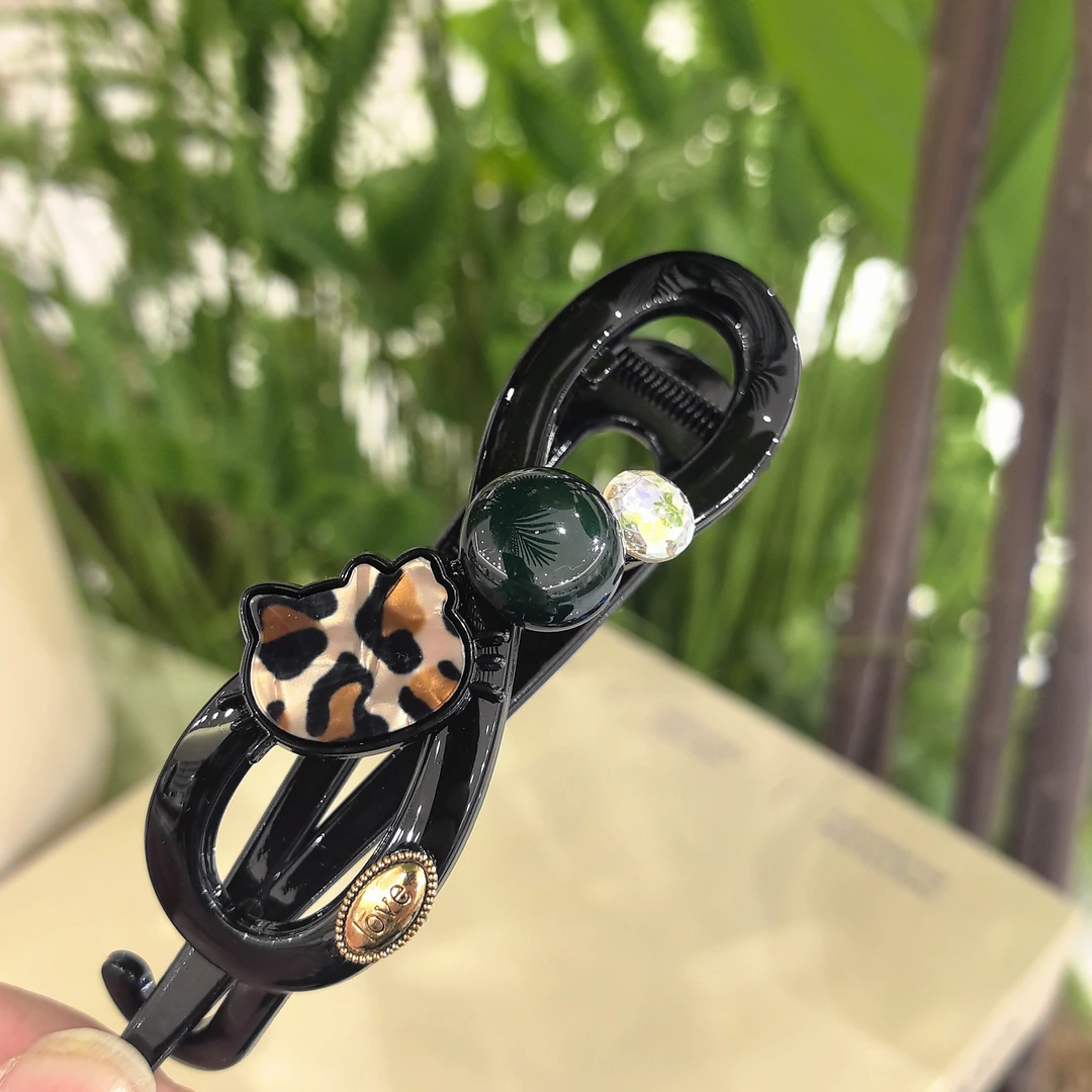 精致新款时尚豹纹猫绿色糖豆百搭八字形扭扭夹5475