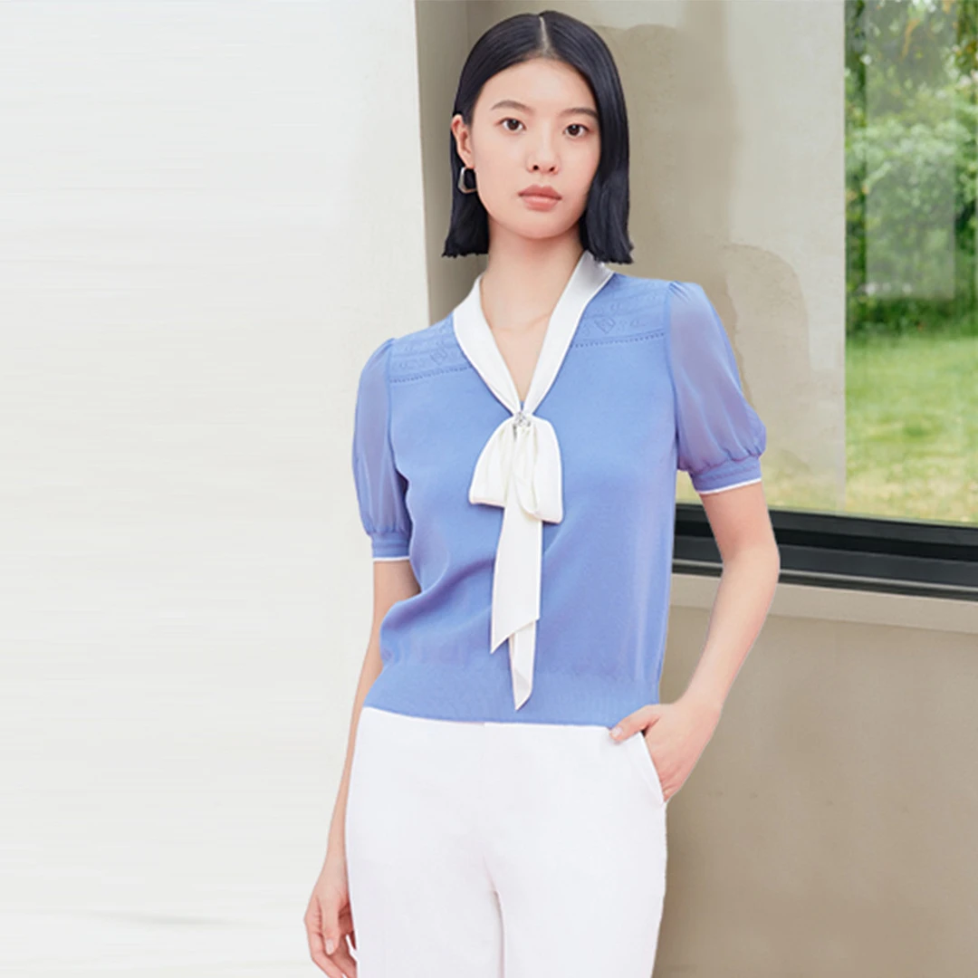 【CC专属】【法式浪漫】春夏款亲肤微透视撞色飘带套头冰丝上衣女