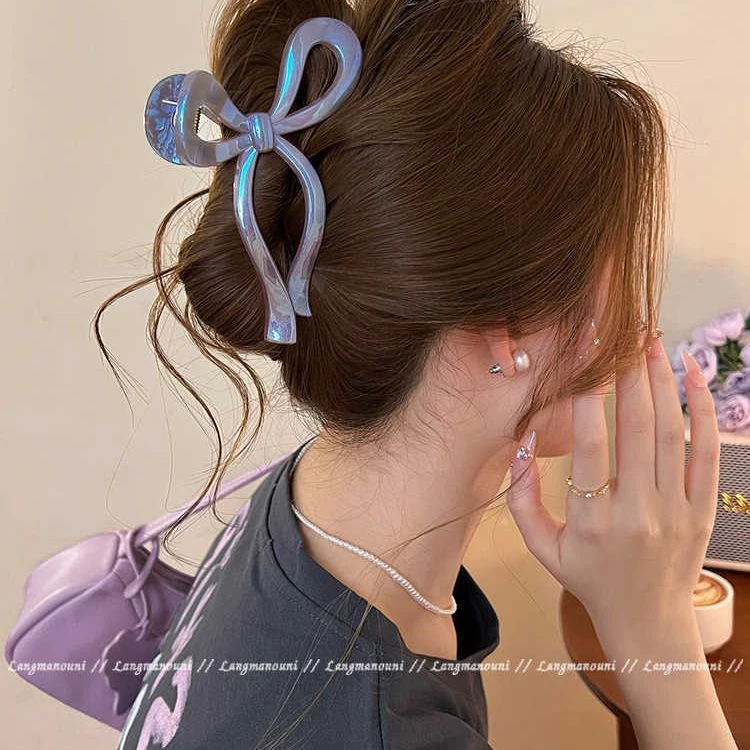 珠光飘带蝴蝶结抓夹女高级感大号鲨鱼夹2025新款后脑勺发夹子头饰