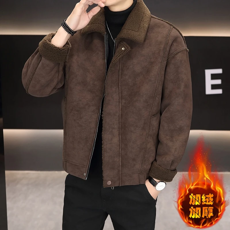 2024男士皮毛一体外套冬季翻领加绒加厚皮衣男短款保暖机车皮夹克