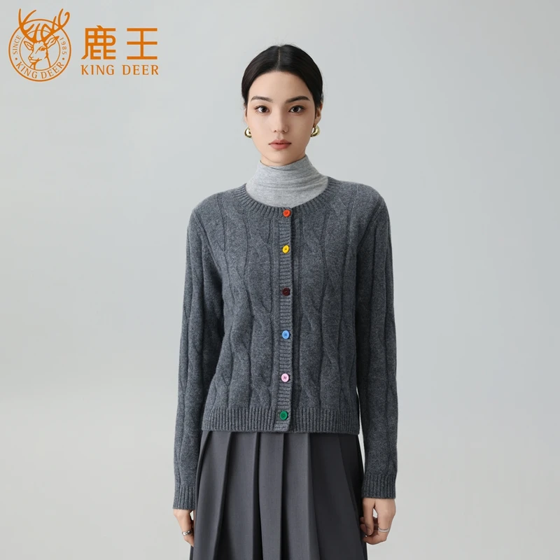【设计师款】鹿王女圆领100山羊绒彩虹扣绞花秋冬开衫 厚 XM0301