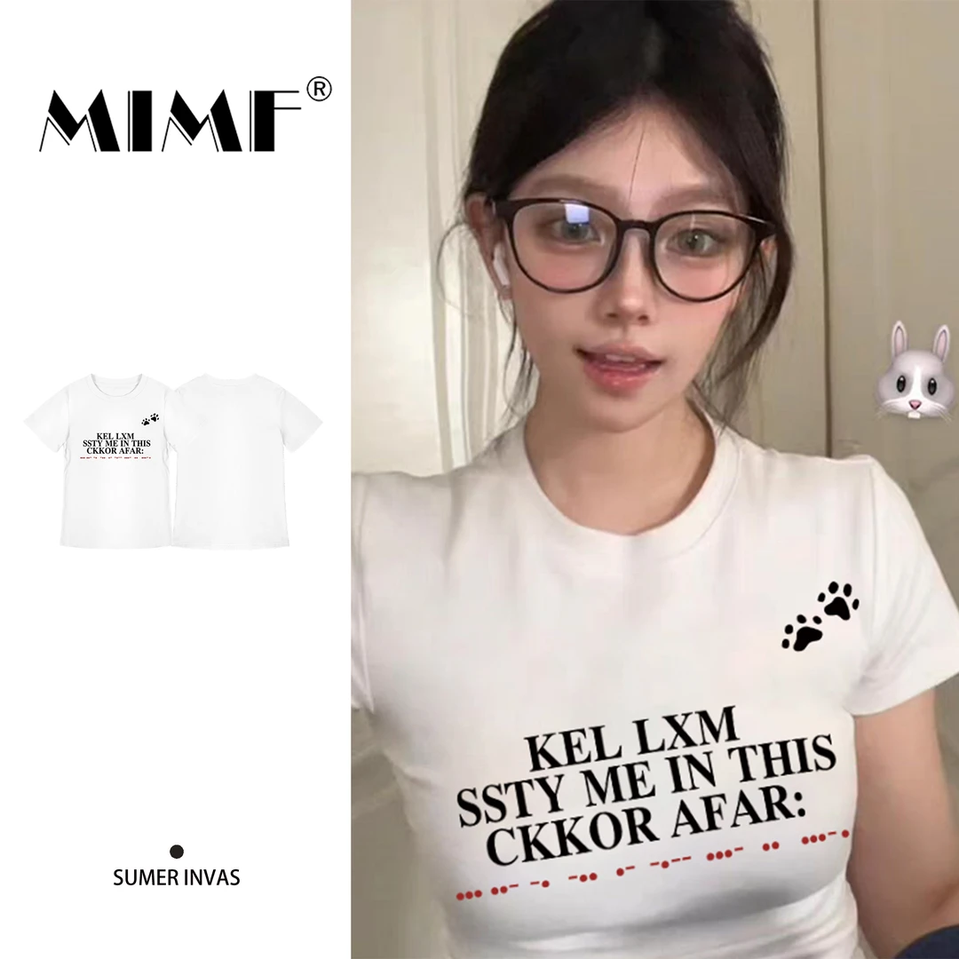 mnmfins夏季新款紧身上衣女装字母印花甜美可爱修身打底衫短袖T恤