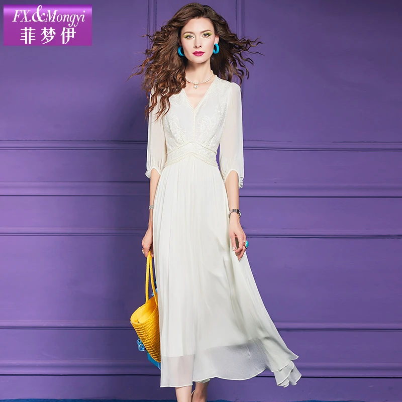 菲梦伊桑蚕丝钉珠绣花连衣裙女夏季高端真丝拼接收腰长裙63494
