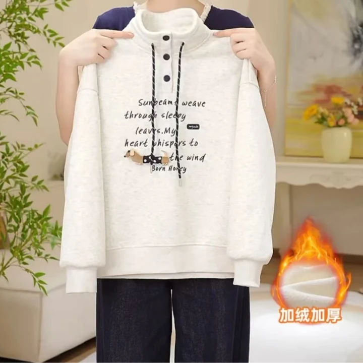 女童加绒卫衣秋冬高领字母刺绣韩版时髦儿童秋装上衣长袖