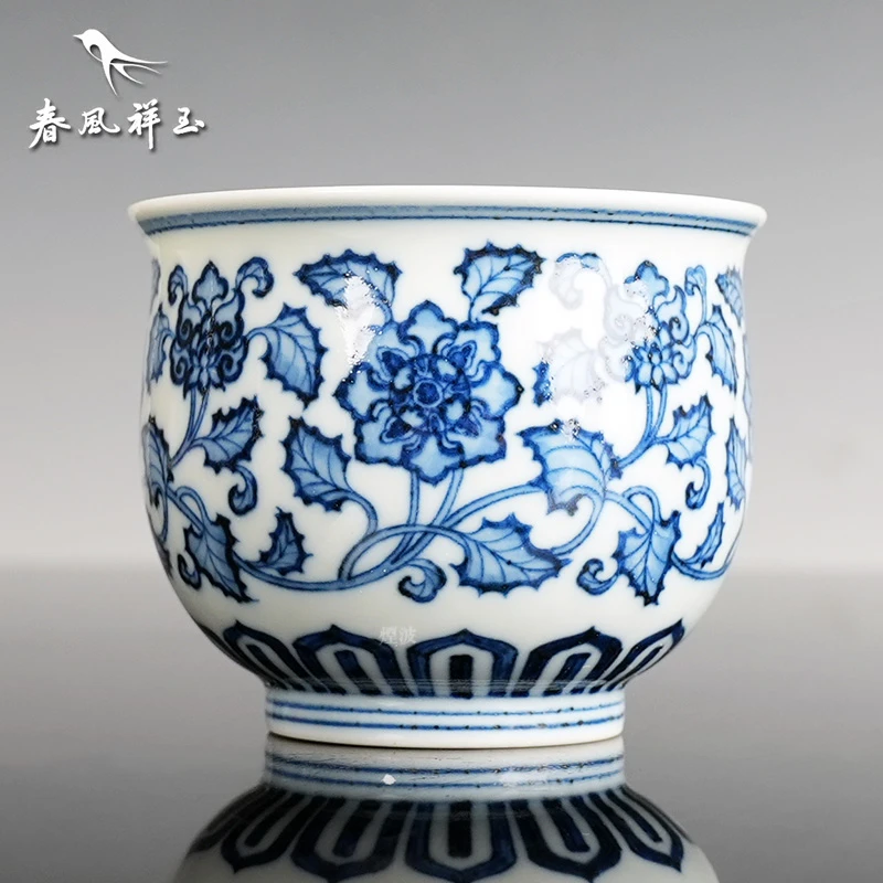 景德镇 春风祥玉 邹俊窑制八字款 青花 芙蓉花 内画 高炉式杯