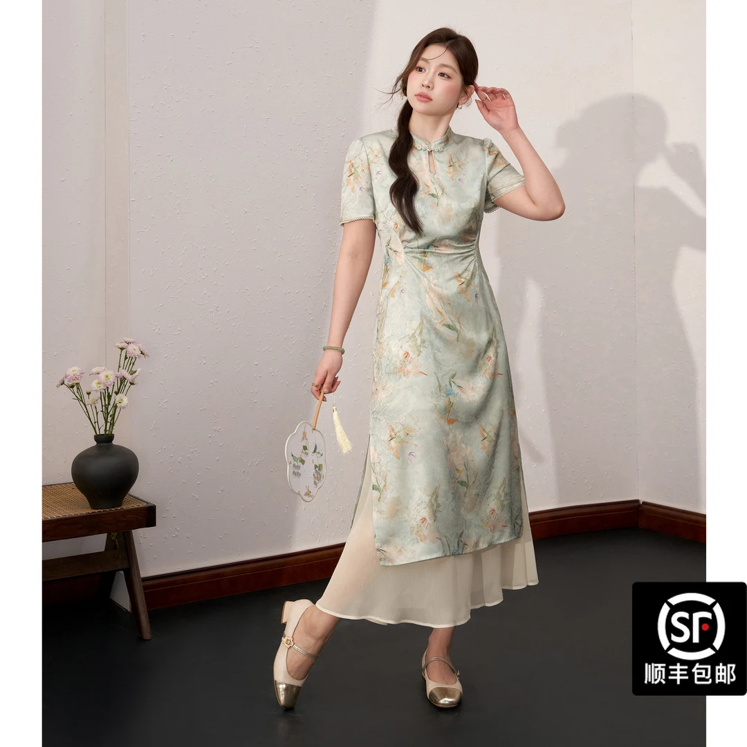蓝语【清风绿浮】大码女装新中式印花改良旗袍夏季显瘦拼接连衣裙