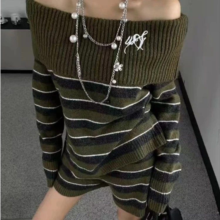 松弛风条纹一字肩针织上衣+休闲风短裤两件套女秋冬新款毛衣套装