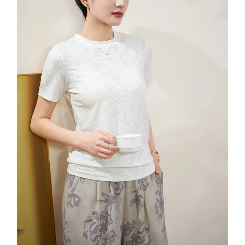 迪欧芙|高弹重工提花 / 莱赛尔针织 圆领短袖T恤上衣#XSY18430