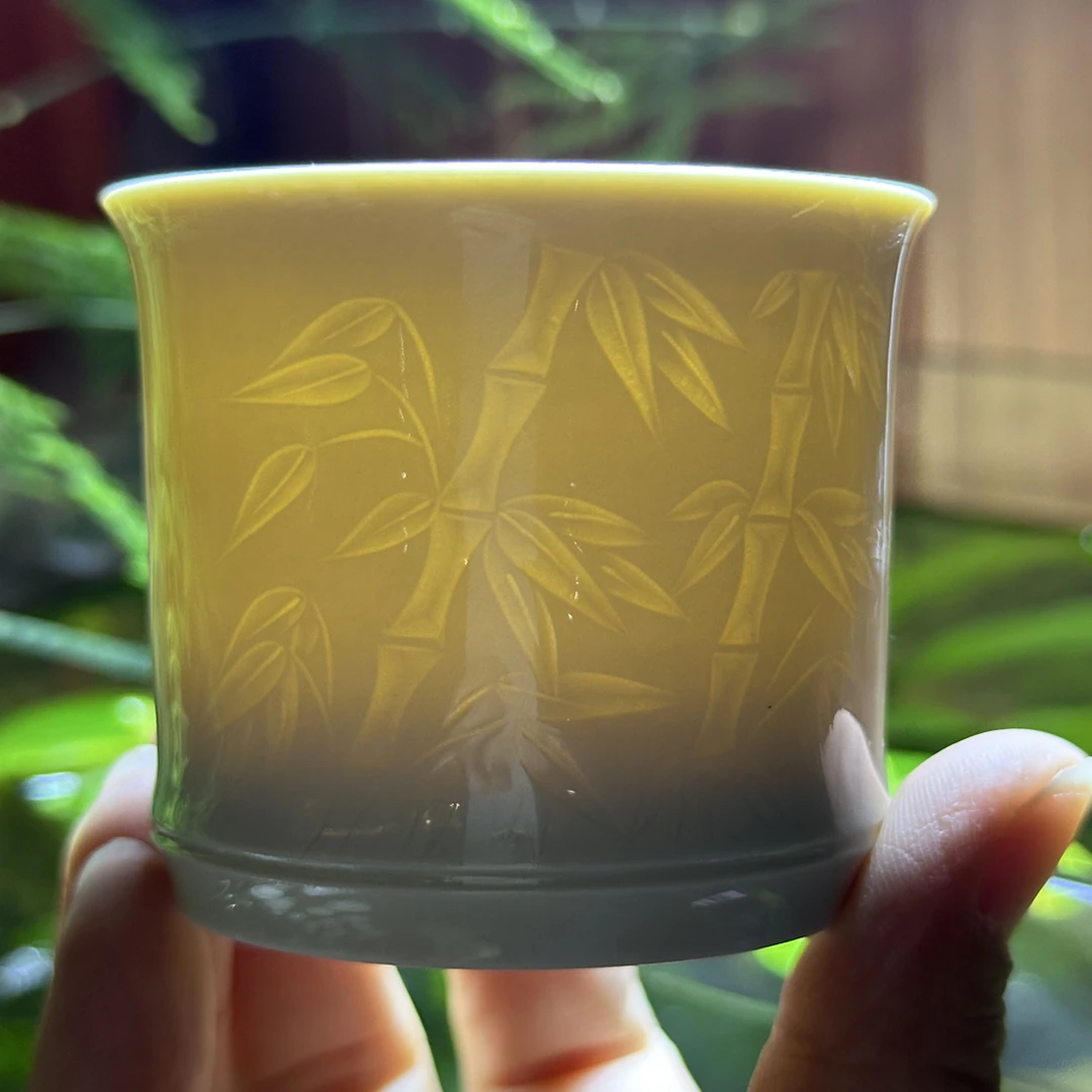 微澜定瓷～高工款竹节杯 130ml 全手薄胎剔花 官字款