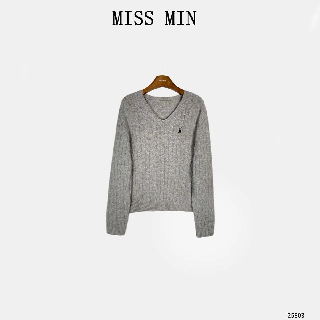 MISS MIN【森野】韩系刺绣V领麻花针织清冷系衣服显瘦百搭毛衣25803