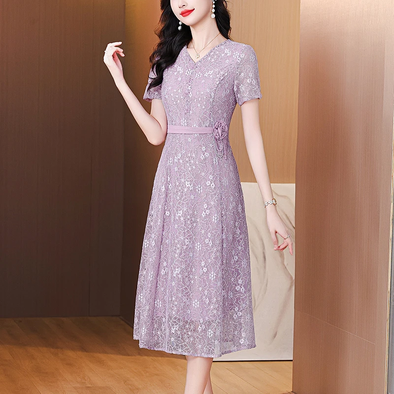 喜婆婆端庄大气v领连衣裙女2025夏季新款系带收腰显瘦妈妈中长裙