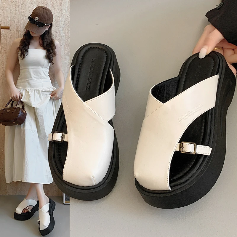 韩系晚晚风拖鞋女外穿2025新款韩版复古气质懒人包头厚底罗马凉鞋