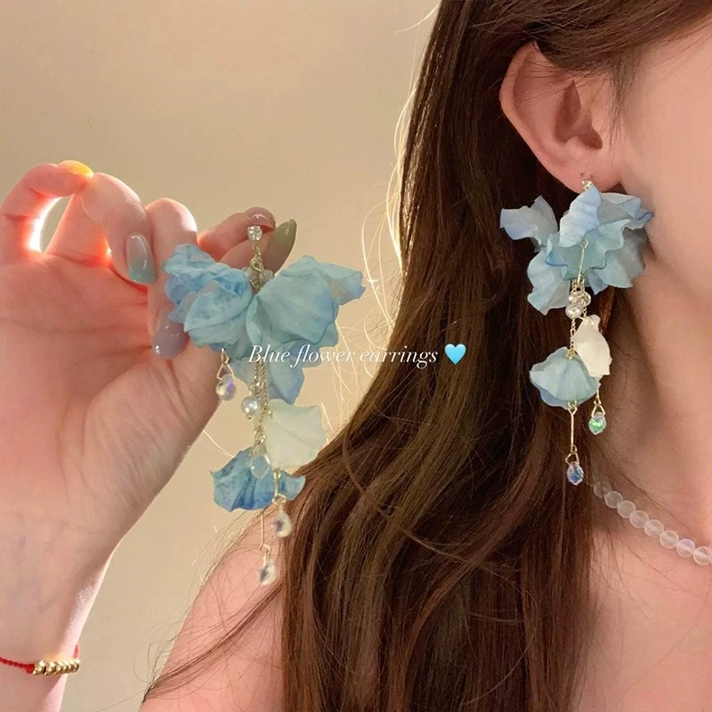 铜合金布艺耳饰 夏日超仙蓝色花朵流苏耳环女度假风气质耳钉耳饰