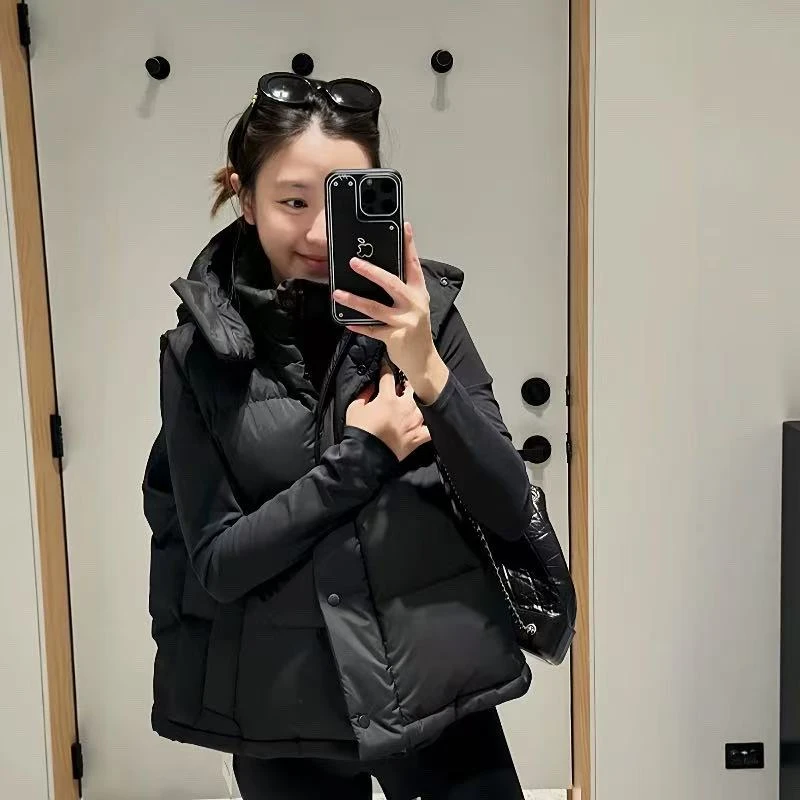 Lu家5格系列95白鸭绒羽绒服马甲背心女带帽经典基础百搭气质上衣