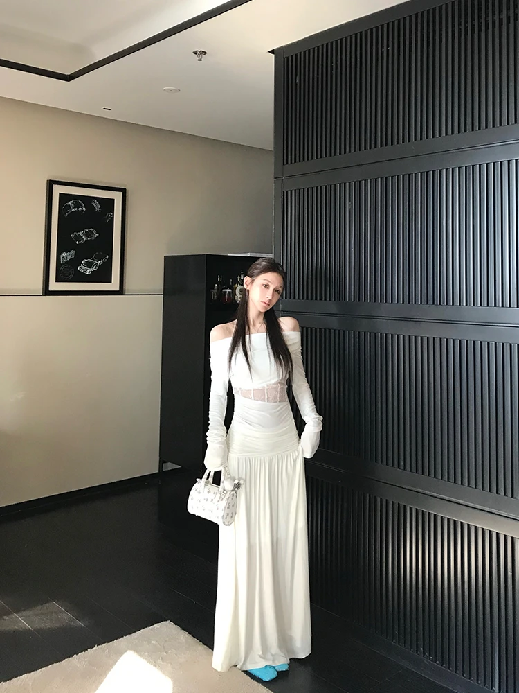 慕拾里MSL 香软Crush 设计感一字肩镂空蕾丝褶皱打底衫半身裙套装