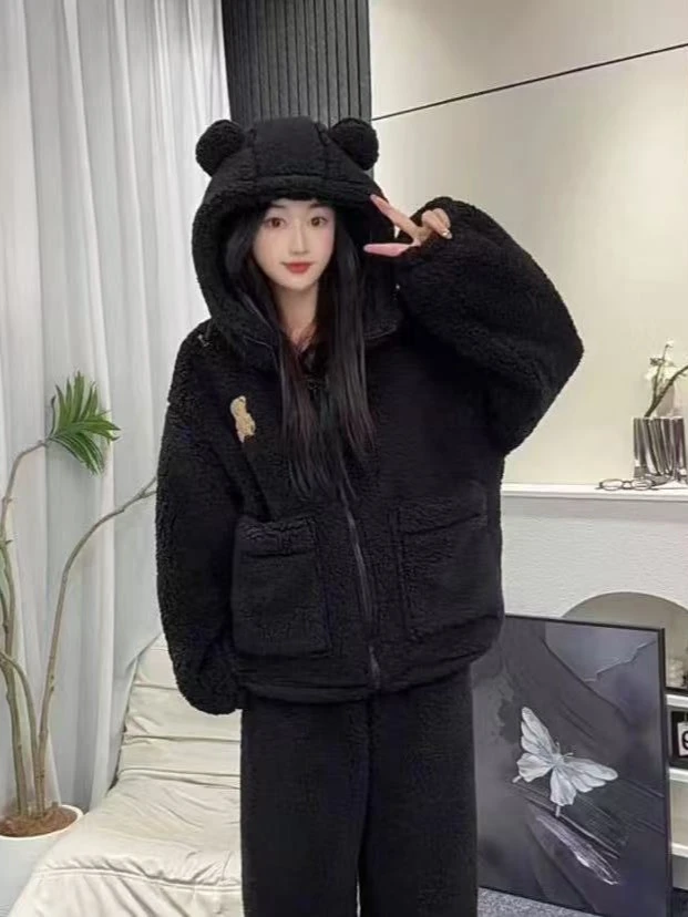 【加厚北羔绒】家居服睡衣连帽小熊北羔绒可外出家居服睡衣套装