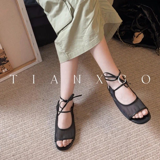 TIANXGO｜25new罗马凉鞋一字带平底圆头复古鞋鱼嘴鞋露趾凉鞋绑带
