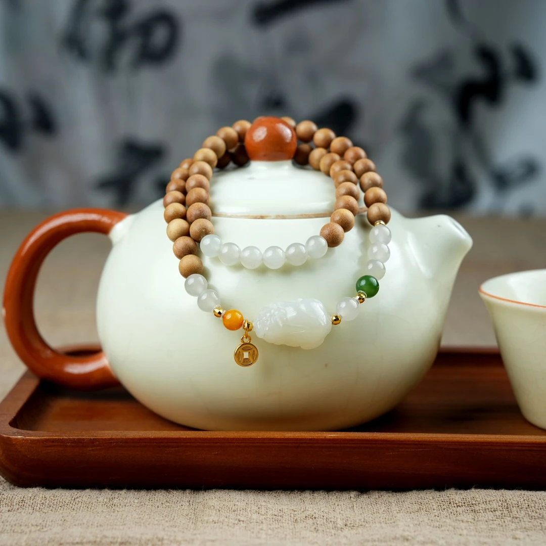 五谷丰登印度迈索尔老山檀貔貅925和田玉蜜蜡双圈文玩手串百搭