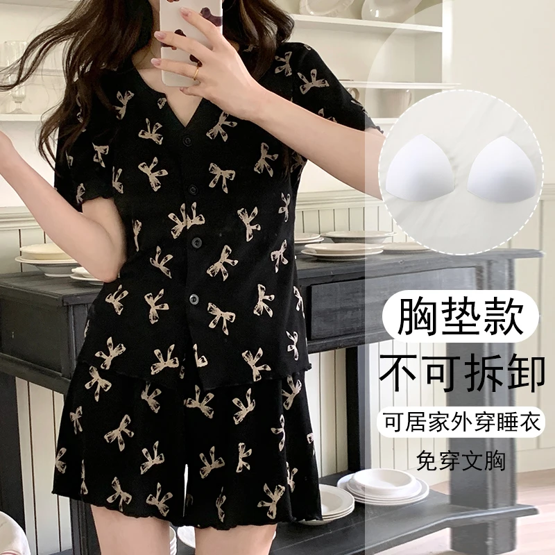 女大学生睡衣女款爆款2025新款夏短袖大码带胸垫可外穿家居服套装