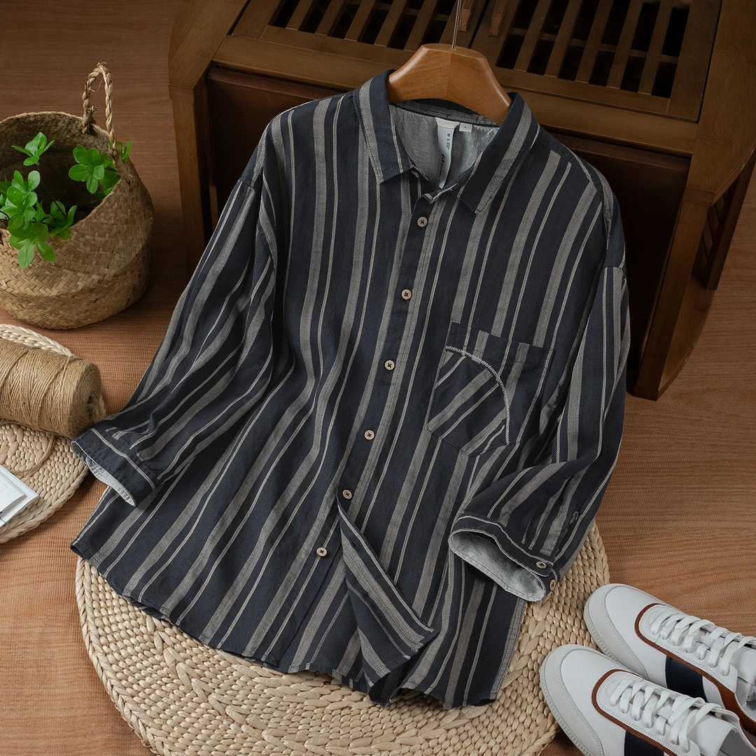 棉麻老吴 【宽松7分袖】夏季男士天丝亚麻宽松条纹七分袖衬衫