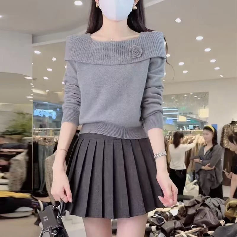 一字领立体花朵针织衫女装秋季新款毛衣2025法式长袖上衣时尚