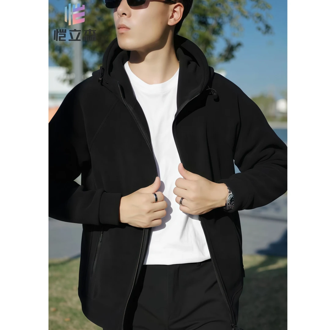 秋冬连帽卫衣摇粒绒纯色加厚保暖开衫上衣大码情侣外套