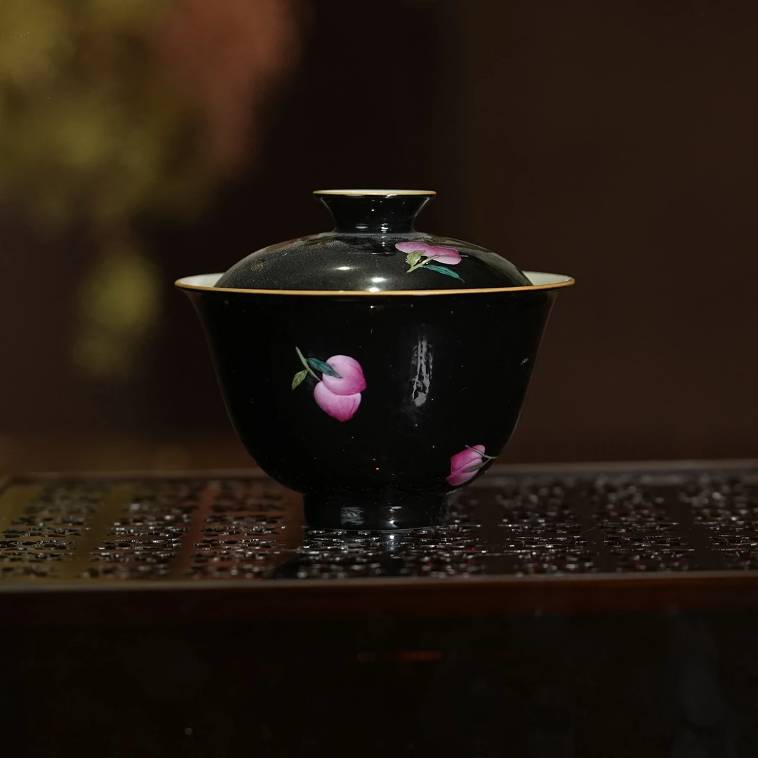 雅同集丨黑地桃问珐琅彩青云盖碗110ml景德镇陶瓷大容量家用茶具