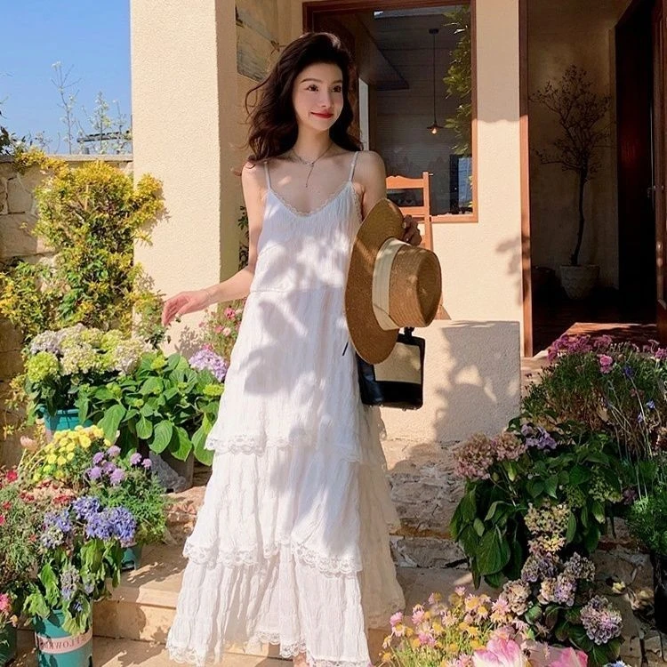 2025春夏打底外穿白色连衣裙度假沙滩裙显瘦蛋糕裙吊带长裙仙女裙