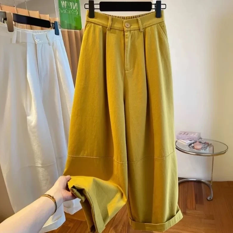 黄色九分阔腿裤女春夏2025新款宽松休闲显瘦直筒大版气球裤工装裤