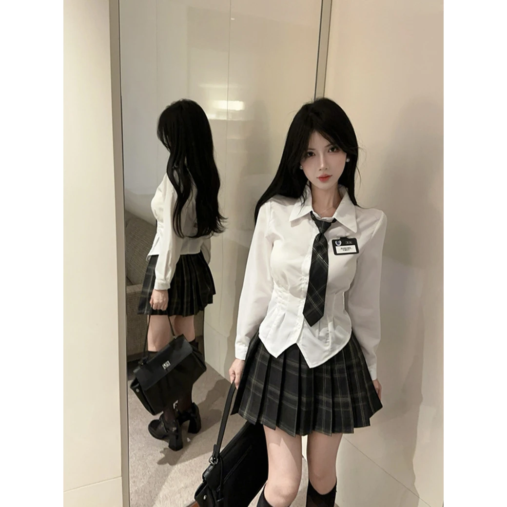 韩系学院风套装女jk制服套装纯欲辣妹收腰长袖衬衫百褶格子半身裙
