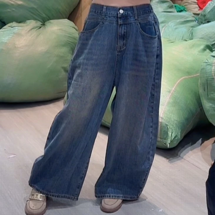 时尚复古高腰宽松后松紧阔腿牛仔裤-果梓506