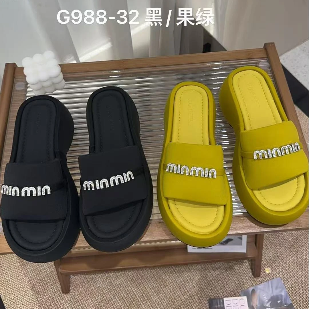 厚底增高外穿一字拖女2025新款松糕沙滩高级感水钻凉拖鞋G988-32