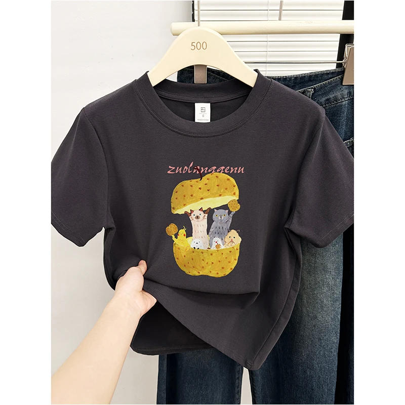 时尚洋气印花正肩深灰色短袖t恤女夏新款休闲圆领大码半袖上衣潮