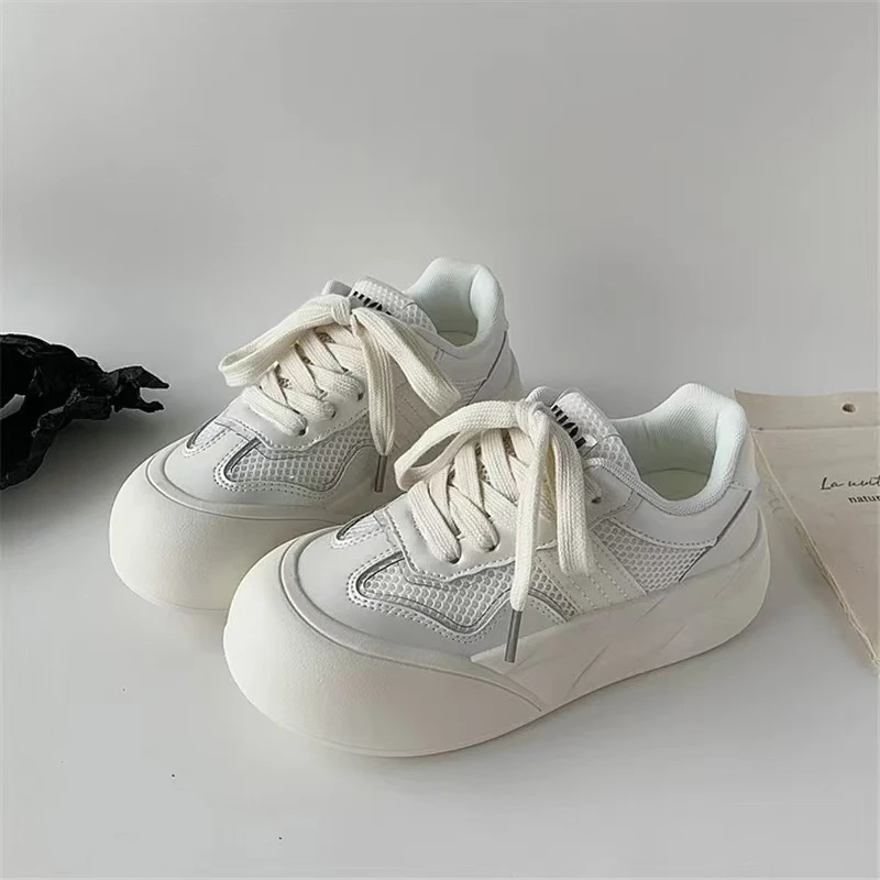 N1715 珠光白厚底大头女鞋2025夏季新款圆头小白鞋透气网面面包鞋