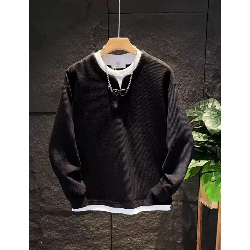 秋冬潮牌新款假两件卫衣男款高档纯色圆领男款宽松V领假两件卫衣