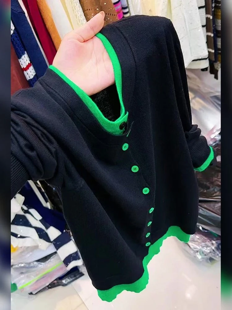 秋季新款撞色单排扣假两件针织开衫女大码小众设计感休闲百搭上衣