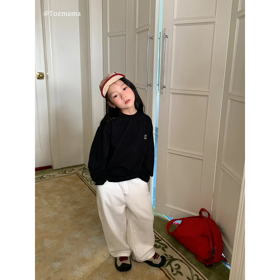 豆几妈 7/8 儿童韩系撞色明线宽松休闲裤男童裤子女童白色长裤秋