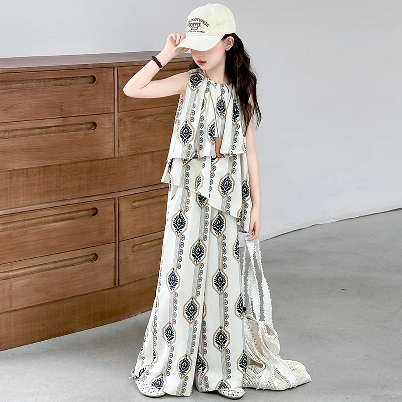 女童夏装套装2025新款洋气中大童6-12岁民族风阔腿裙裤夏季两件套