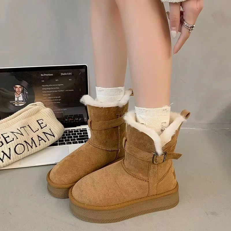 厚底中筒雪地靴女2025冬季新款两穿加绒加厚保暖皮毛一体棉鞋ZD