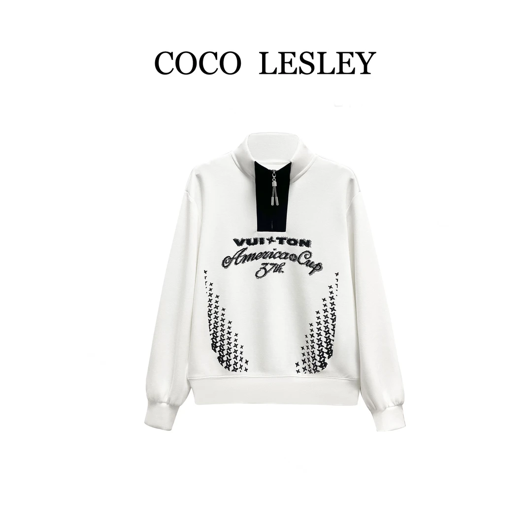 【COCO LESLEY】68306#时尚撞色印花烫钻长袖卫衣2025个性上衣