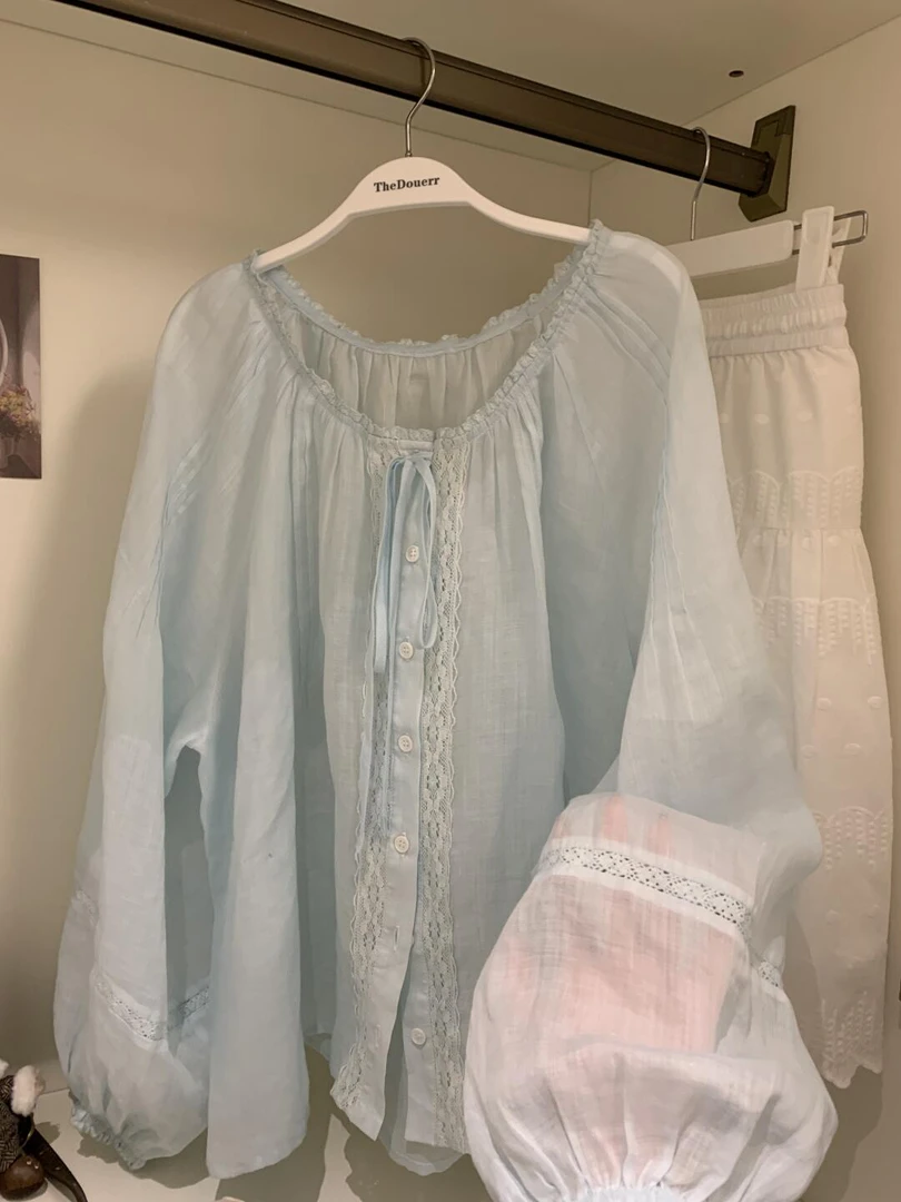 甜美可爱风上衣2025新款韩系清纯绝美气质超好看绝美蓝色衬衫春季